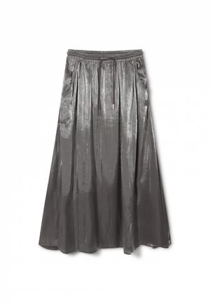 Lange, metallic grijze rok met een elastische tailleband en trekkoord, voorzien van zijzakken en een vloeiende design. Gladde textuur, licht glanzend oppervlak.