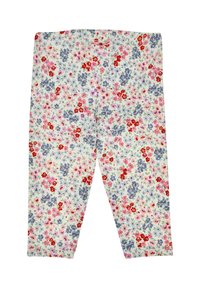 Florale Leggings aus leichtem Stoff mit einem mehrfarbigen Muster aus roten, rosa und blauen Blumen auf cremefarbenem Hintergrund. Elastischer Bund.