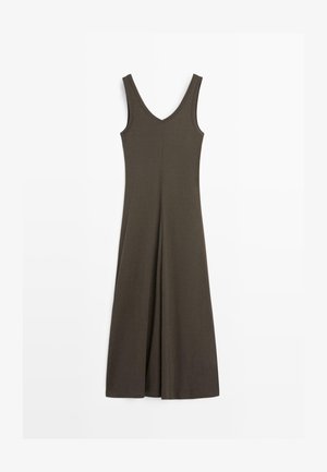 Ärmelloses dunkelolivgrünes Kleid mit V-Ausschnitt und ausgestelltem Rock, flach auf weißem Hintergrund präsentiert.