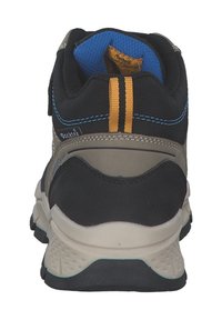Black and gray hiking shoe with a padded collar, blue interior, textured sole, and yellow accent stripes. Durable fabric with a reinforced heel.