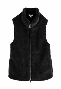 Zwarte mouwloze bodywarmer gemaakt van pluche stof, met een hoge kraag en ritssluiting aan de voorkant. Gladde oppervlak met een zachte, pluizige textuur.