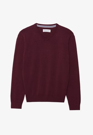 Burgunderfärgad stickad V-ringad tröja med långa ärmar och ribbade muddar och fåll. Har en kontrasterande rand under halslinningen.