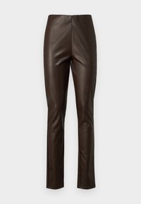 Pantalons en faux cuir brun à coupe slim, avec une texture lisse, une taille élastique et un design à jambes droites.