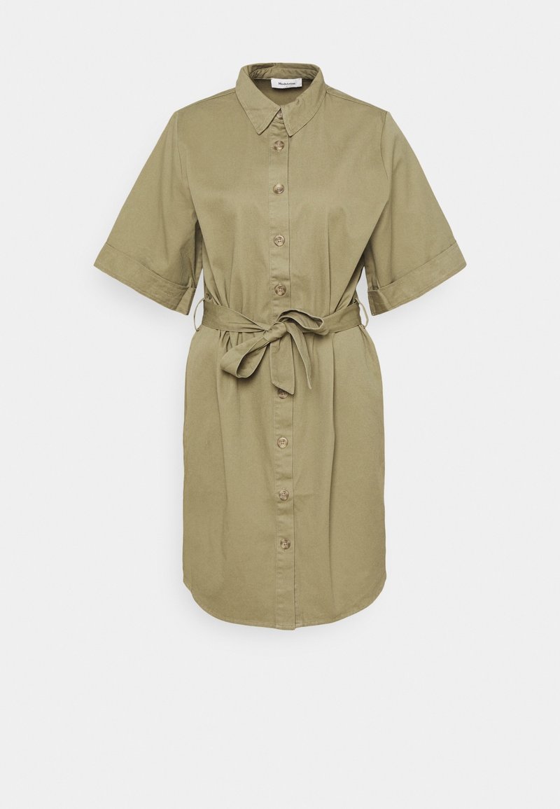 Khaki shirt dress with short sleeves, button-down front, collar, and a matching tie belt at the waist. Made from a soft, textured fabric.