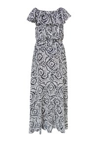 Rochie maxi off-the-shoulder în alb și negru cu un model floral. Are mâneci scurte volă, un talie ajustată și o fustă fluidă.