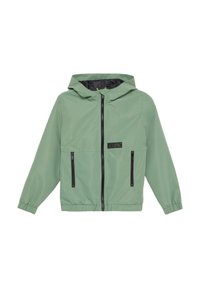 Grüne, leichte Jacke mit Kapuze, schwarzem Reißverschluss vorne, zwei mit Reißverschluss versehenen Taschen, elastischen Bündchen und einer glatten, matten Oberfläche.