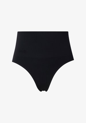 Tanga nera a vita alta realizzata in tessuto liscio e elasticizzato. Presenta un design senza cuciture, senza motivi o accessori visibili.
