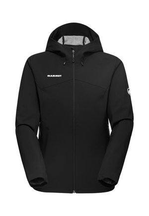 Zwarte softshell jas met capuchon, voorzien van een ritssluiting aan de voorkant, grijze binnenvoering en een logo op de borst. Soepele textuur, gestroomlijnd ontwerp.