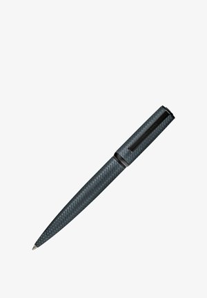 Sleek dark gray ballpoint pen with textured diagonal pattern, black clip engraved with brand name, and tapered tip for writing.