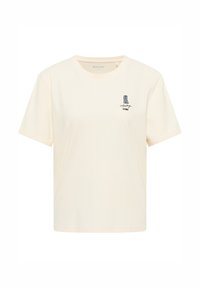 T-shirt z krótkim rękawem i okrągłym dekoltem, wykonany z jasnobeżowej bawełny, z niebieskim haftem przedstawiającym buty oraz napis "Mustang Jeans".