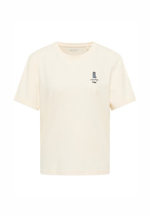 Tricou cu mâneci scurte și guler rotund, din bumbac bej deschis, cu un design brodat albastru, prezentând cizme și textul „Mustang Jeans”.