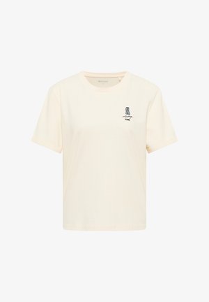 Lühikeste varrukatega, ümara kaelusega t-särk helebeežis puuvillas, millel on sinine tikitud disain, kujutades saapaid ja teksti "Mustang Jeans".