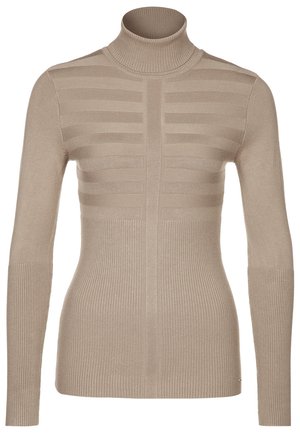Pull en col roulé beige, avec une texture côtelée et des rayures horizontales sur la poitrine, des manches lisses. Design cintré.