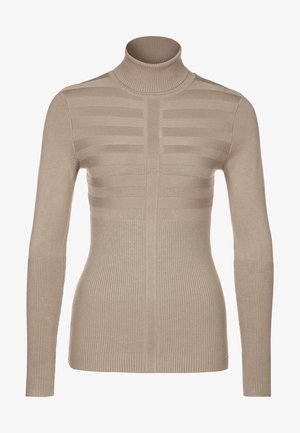 Beige turtleneck trui met een geribbelde textuur en horizontale strepen over de borst, en gladde mouwen. Strak gesneden ontwerp.