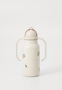Bouteille d'eau de couleur crème avec deux poignées, ornée de motifs floraux en rose et vert, et un couvercle rond amovible.