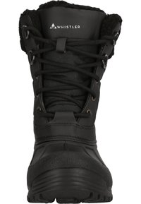 Bota de invierno negra con un upper texturizado, diseño de cordones, forro suave y suela de goma duradera para tracción y aislamiento.