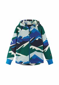 Kurtka z kapturem zapinana na zamek wykonana z polaru, ozdobiona geometrycznym wzorem gór w kolorze zielonym, niebieskim i białym. Posiada kontrastowe, niebieskie mankiety i akcenty.