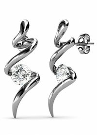 Orecchini in tonalità argento con un design a spirale che presenta gemme rotonde e trasparenti al centro, finitura lucida e chiusura a clip.