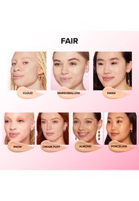 Nine makeup swatches labeled "Cloud," "Marshmallow," "Swan," "Snow," "Cream Puff," "Almond," and "Porcelain," displayed on varied skin tones.