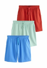Tres pares de pantalones cortos: el de arriba en rojo, el del medio en verde menta y el de abajo en azul claro. Todos cuentan con cinturillas elásticas y bolsillos laterales. Textura suave.