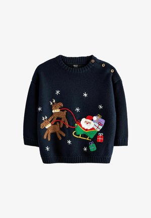 Dunkelblauer Strickpullover mit gestickten Rentieren, Santa und Geschenken sowie weißen Schneeflocken. Rundhalsausschnitt und Knopfdetails.