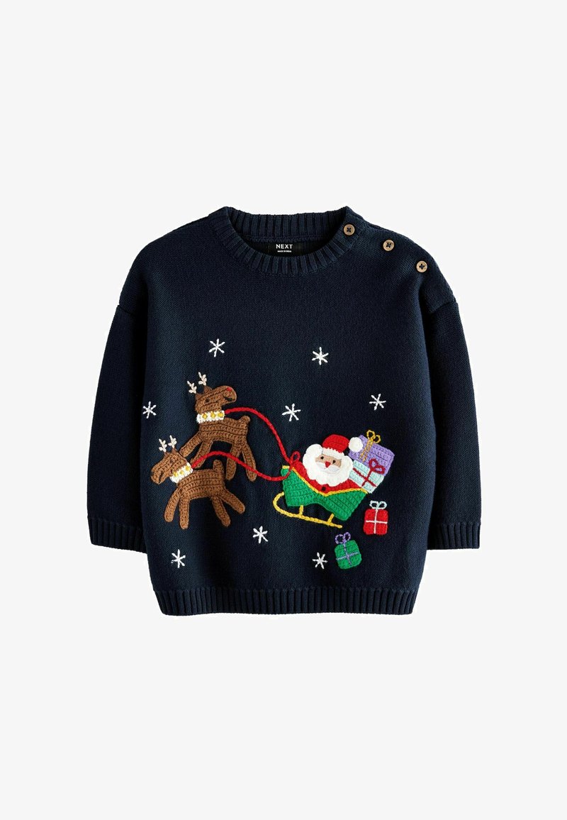 Tamsiai mėlynas megztinis su išsiuvinėtais elniukais, Šventuoju Kalėdų Seneliu ir dovanomis, su baltais snaigėmis. Apvalus kaklas ir sagų akcentai.