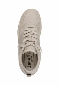 Bottines de sport beiges avec un bout rond, dessus en synthétique, design à lacets et languette rembourrée. Présente le logo "Jana Soft Line" sur la semelle intérieure.