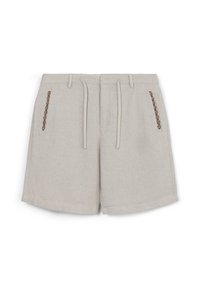 Shorts beige realizzati in tessuto testurizzato, con vita regolabile tramite coulisse, due tasche laterali con accenti marroni e gamba dritta.
