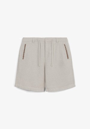 Beige Shorts aus strukturiertem Stoff, mit einem Kordelzugbund, zwei Seitentaschen mit braunen Akzenten und geradem Beinabschluss.