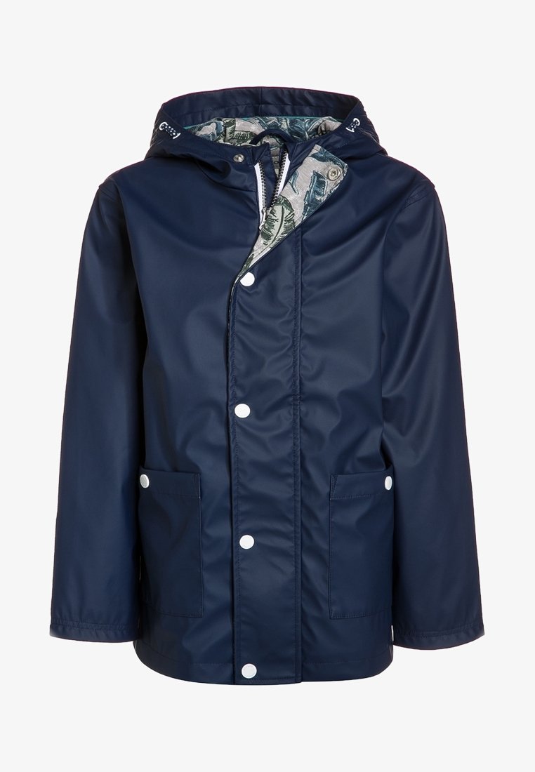 Imperméable bleu marine avec capuche, fermeture éclair frontale et boutons-pression, deux poches avant, et doublure intérieure imprimée avec des motifs de feuilles.