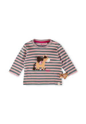 Gestreiftes Langarmhemd in Pink und Grau, mit einem Pferde-Applikation und gestickten Details. Mit Knöpfen an der Schulter für einfaches An- und Ausziehen.