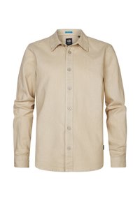 Beige overhemd met lange mouwen, gemaakt van zachte stof, met een knoopsluiting aan de voorkant, klassieke kraag en een slim fit met knoopmanchetten.