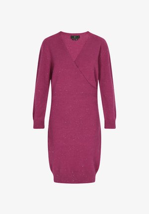 Fuchsiová pletená zavinovacia šaty s dlhými rukávmi, rebrovanými manžetami a lemom, s jemnými trblietkami po celom povrchu pre zvýraznenie textúry.