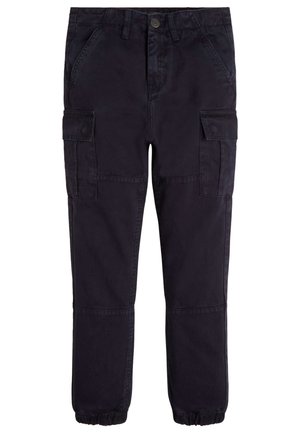 Schwarze Cargohosen mit elastischen Bündchen, vorderem Knopf und Reißverschluss, seitlichen Klappentaschen und schrägen Vordertaschen.