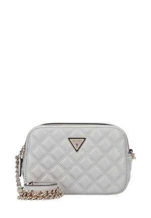 Quilted grey synthetic leather crossbody bag with a gold triangle logo and chain strap. Features a zipper closure and flat base for stability.