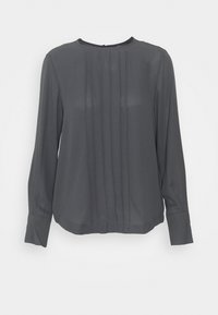 Grijze long-sleeve blouse met een ronde halslijn, voorzien van verticale plooidetails aan de voorkant en strakke manchetten. Glad stoftextuur.
