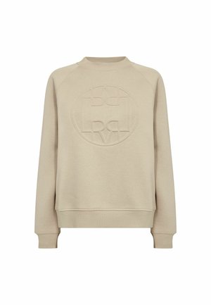 Beżowa bluza z długim rękawem i okrągłym dekoltem, z prążkowanymi mankietami i dołem, z subtelnym tłoczonym okrągłym logo na piersi.