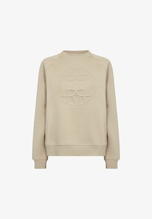 Beżowa bluza z długim rękawem i okrągłym dekoltem, z prążkowanymi mankietami i dołem, z subtelnym tłoczonym okrągłym logo na piersi.