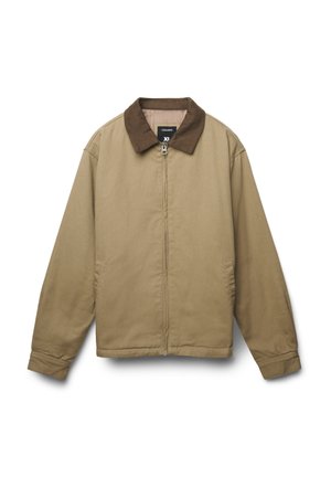 Giacca beige con zip e collare in velluto a coste marrone, maniche lunghe e tasche laterali, presentata su uno sfondo bianco.