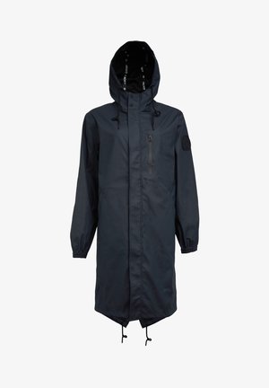 Long, dark navy rain jacket made of waterproof material. Features a drawstring hood, zippered chest pocket, and elastic cuffs.
