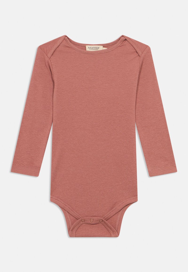 Ilgas rankovėmis, įrėmintas kūdikio bodžiukas dulkiškai rožinės spalvos su spaustukais prie tarpkojo ir vokelio formos iškirpte.