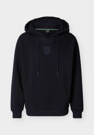 Kapuzensweatshirt in dunkelblau mit gerippter Textur, besticktem Logo-Schild, Kordelzug und Kängurutasche. Mit elastischen Bündchen und Saum.