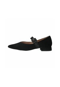 Schwarze Wildleder-Mary-Jane-Schuhe mit spitzem Zeh, niedrigem Blockabsatz und einem verstellbaren Riemen mit rechteckiger Schnalle.