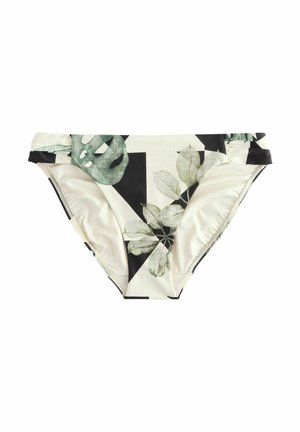 Blommig bikiniunderdel i krämfärg med gröna bladmönster och svarta geometriska former. Mjuk tyg med rynkning på sidorna.