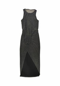 Vestido negro sin mangas con una superposición texturizada brillante, presenta una cintura ajustada y un dobladillo asimétrico. Un profundo escote en V acentúa la parte delantera.