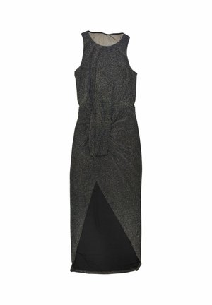 Abito nero senza maniche con un sovrapposto di texture scintillante, presenta una vita con fiocco e un orlo asimmetrico. Un profondo scollo a V valorizza la parte frontale.