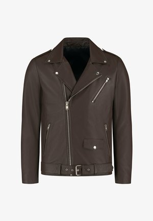 Brun læder motorcykeljakke med asymmetrisk frontlynlås, sølvhardware, lynlåslommer og belagt talje.