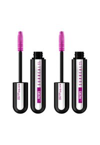 Tubes de mascara noirs à finition brillante, dotés d'applicateurs à poils roses. Les étiquettes indiquent "MAYBELLINE" et "SURREAL".