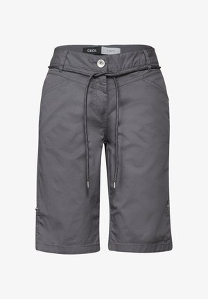 Pantaloni corti grigi realizzati in tessuto leggero, con vita regolabile a coulisse, chiusura frontale con bottone e tasche laterali discrete.
