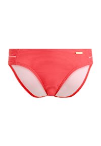 Ribbed Korallen-Schwimmbikini-Hose mit weicher Innenauskleidung, kontrastierendem roten Besatz, seitlichen Raffungen und einem kleinen goldenen Logo-Accent.
